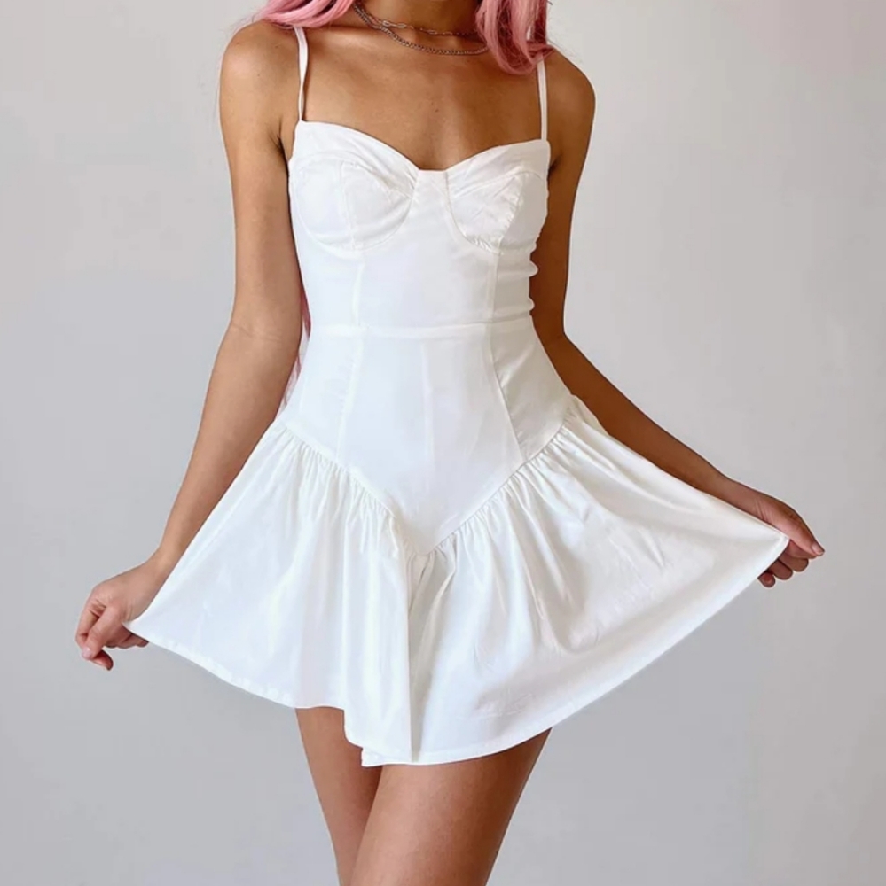 Princess Polly White Floria Bustier Gathered Fit & Flare Drop Waist Romper 2US